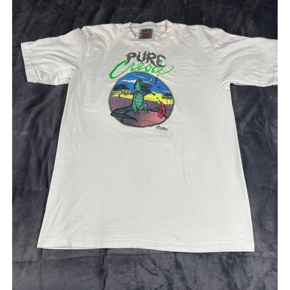 Vintage Oneita Power-T Pure Creole Alligator Fiddle White T-Shirt‎ Mens L 1992